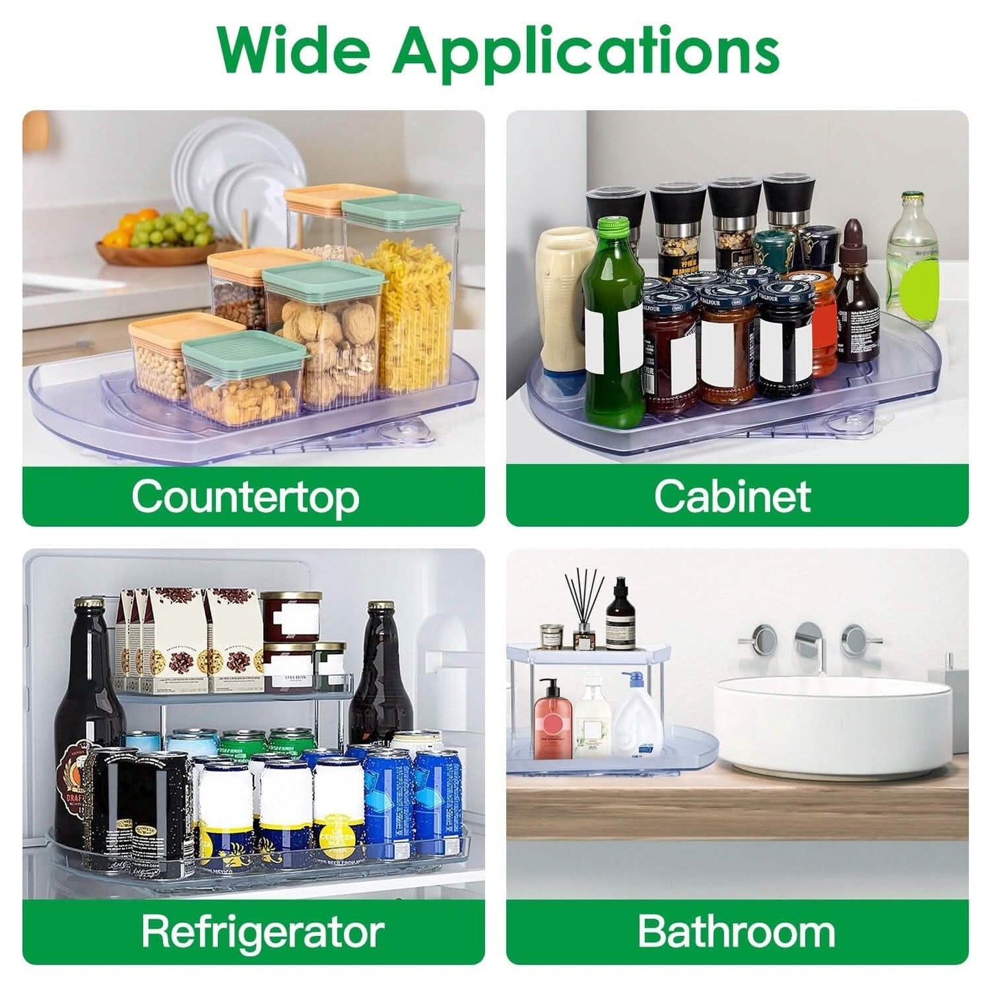 2-Tier Turntable Organizer Rectangular Refrigerator Spinner Storage Rack with 360° Rotatable Slide Rail