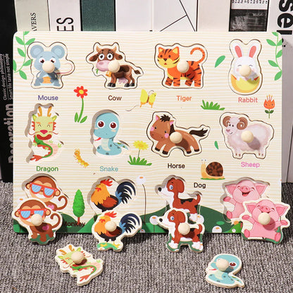 Wooden Hand Grab Boards Baby Educational Cartoon Vehicle Animals Fruits 3D Puzzles Kids Early Education Toys TMZ﻿